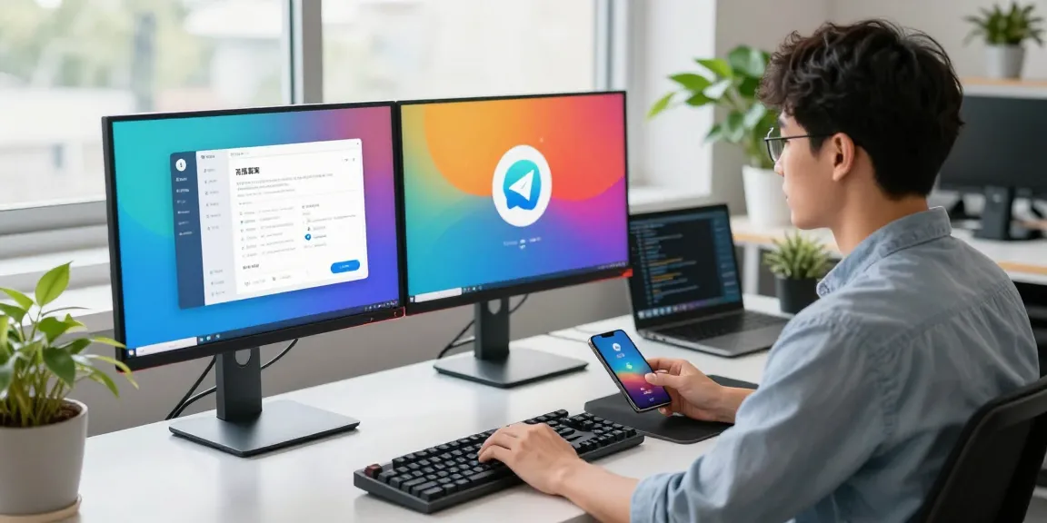 Developer working in a modern workspace setting, showcasing telegram中文 in the Telegram app interface.