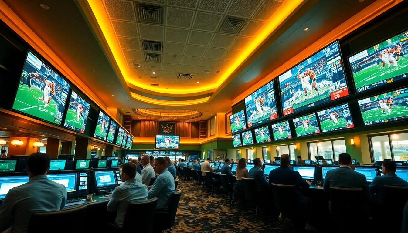 Engaging scene of sportsbooks in Alabama with enthusiastic bettors and live sports displays.