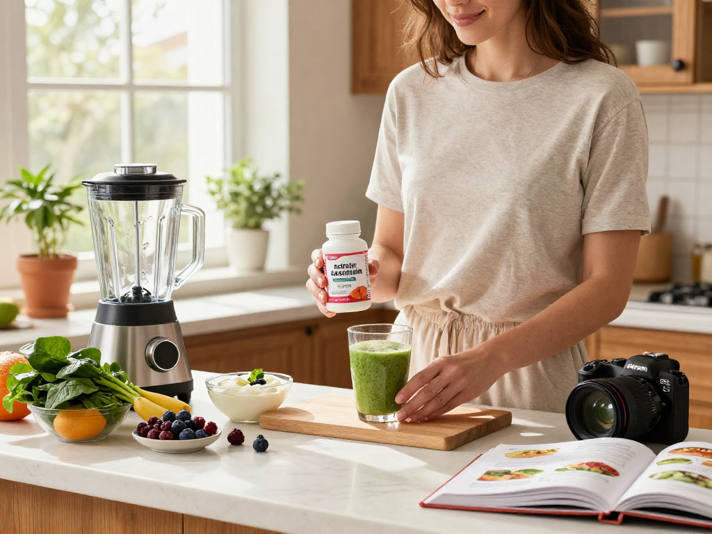 Person preparing a smoothie with fresh ingredients and astaxanthin supplement Canada highlighted in an inviting kitchen.