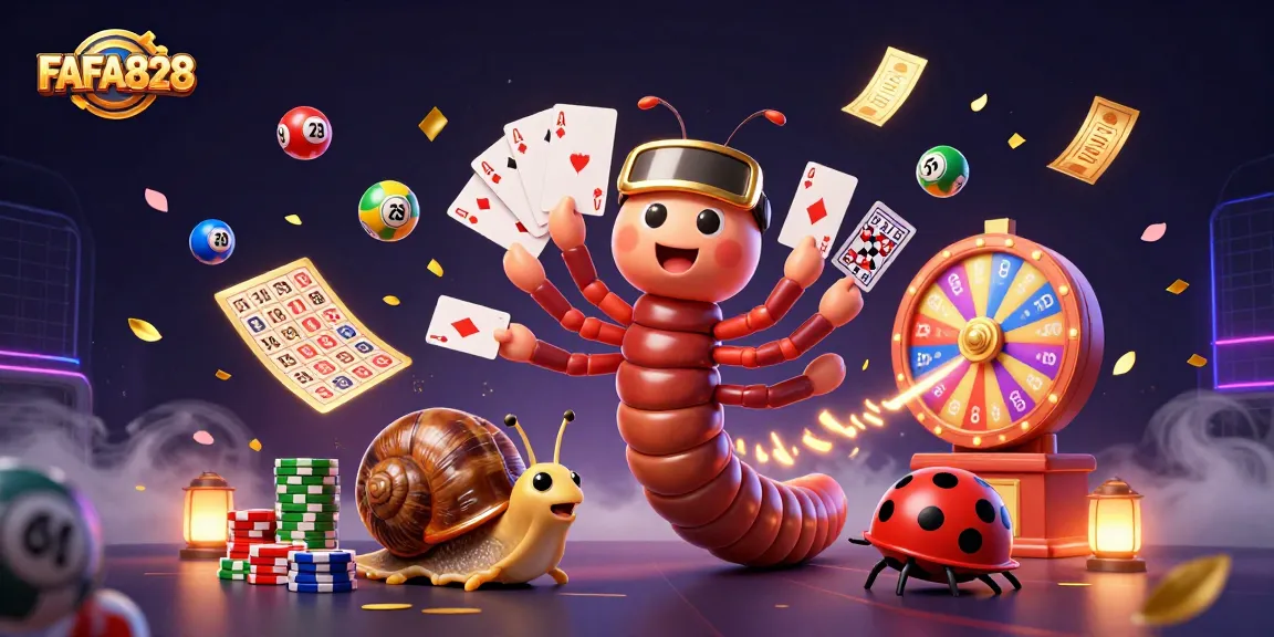 Engage with FAFA828’s vibrant casino scene, where a millipede dealer dazzles with cards, amidst lottery elements.