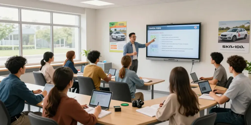 Students learning about permis de conducere chisinau in a modern classroom environment with instructor and digital resources.