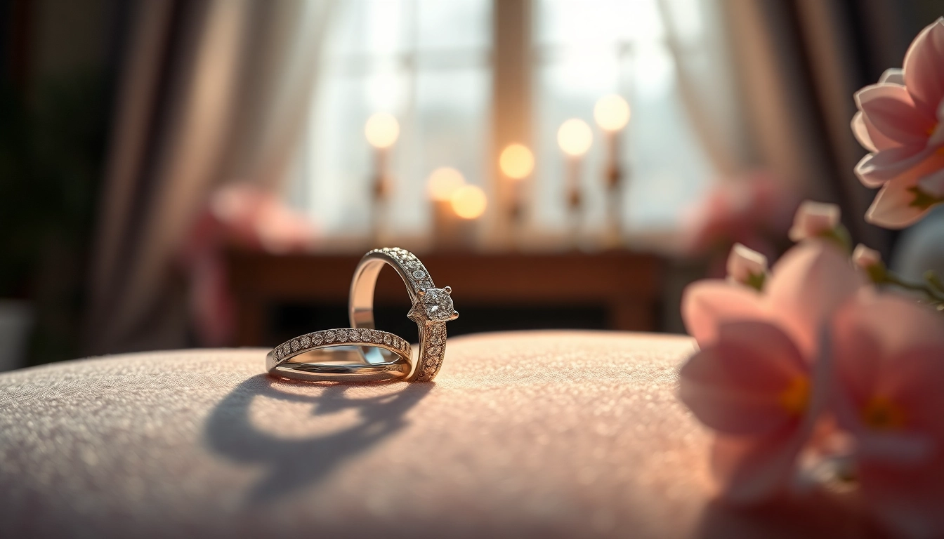 Showcase of exquisite couple rings on a velvet surface, highlighting their unique designs and sparkling features.