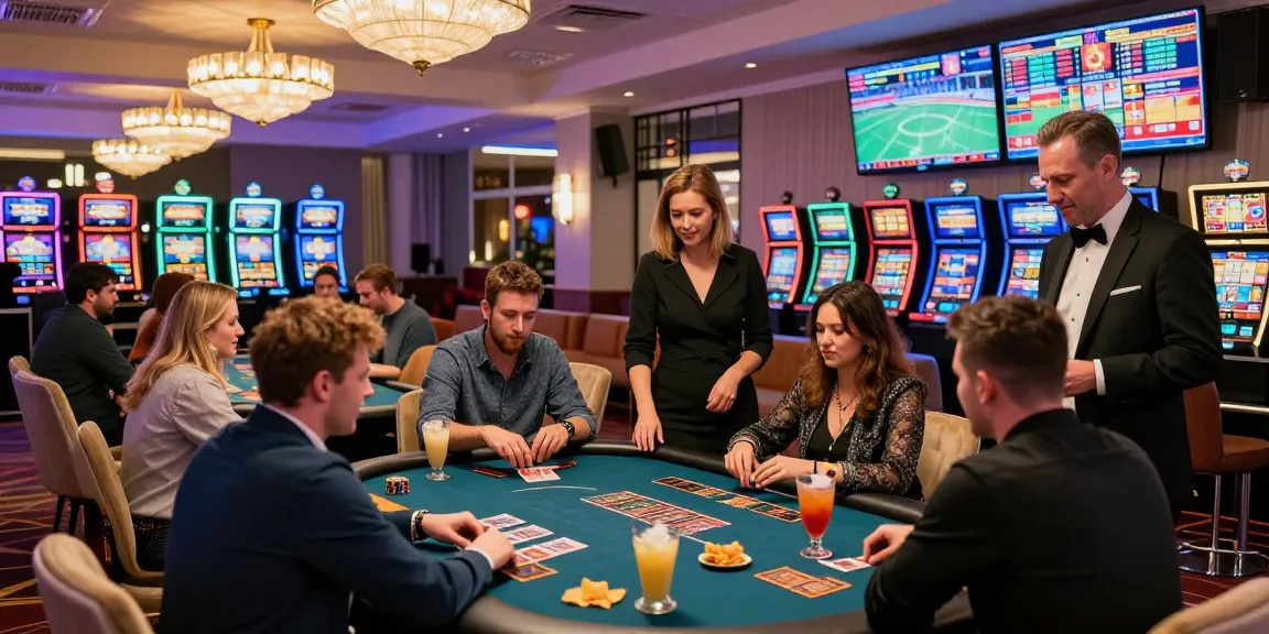 Casino non UK players enjoying a dynamic gaming experience at a vibrant casino table, with cocktails and bright slot machines around.