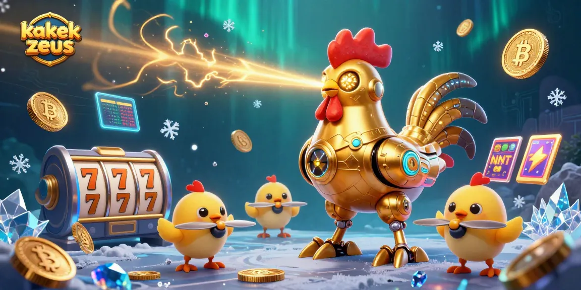 Kakek Zeus showcases vibrant slot gameplay with golden rooster robot and coins amidst dynamic casino elements.
