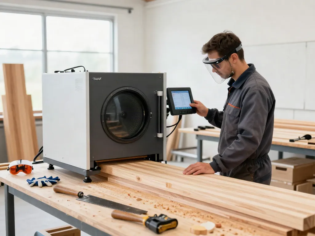 SHASHEL® microwave treatment for wood-boring insects in a modern workshop environment.