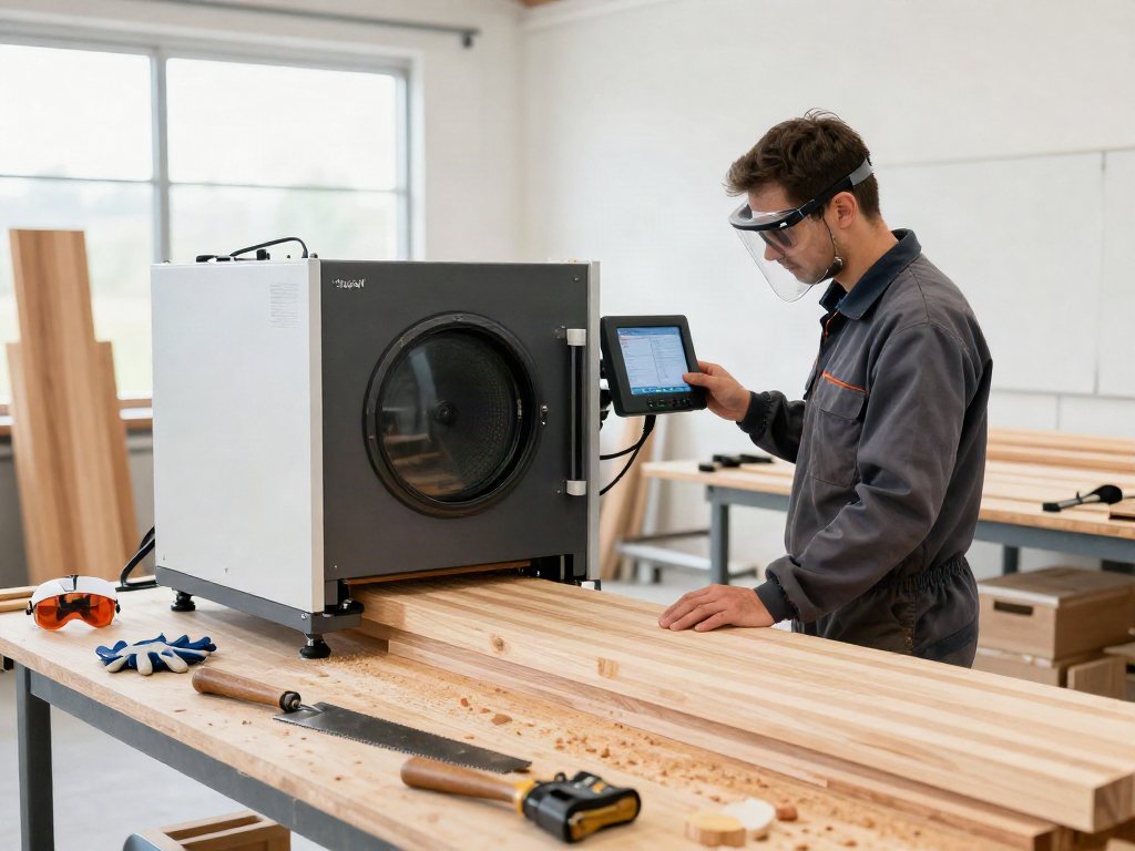SHASHEL® microwave treatment for wood-boring insects in a modern workshop environment.
