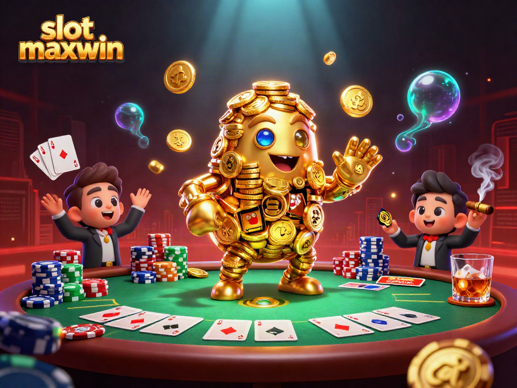 Engage with slot maxwin in this vibrant 3D casino scene featuring a golden golem and poker elements.