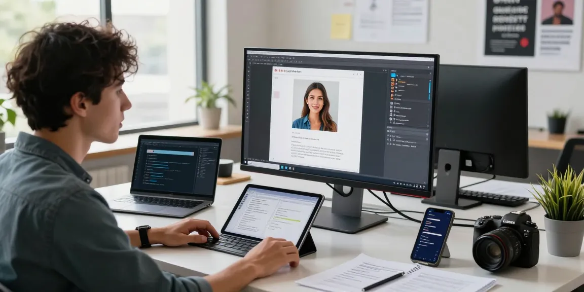 Professional in a tech workspace generating ai prompt image from an uploaded photo.