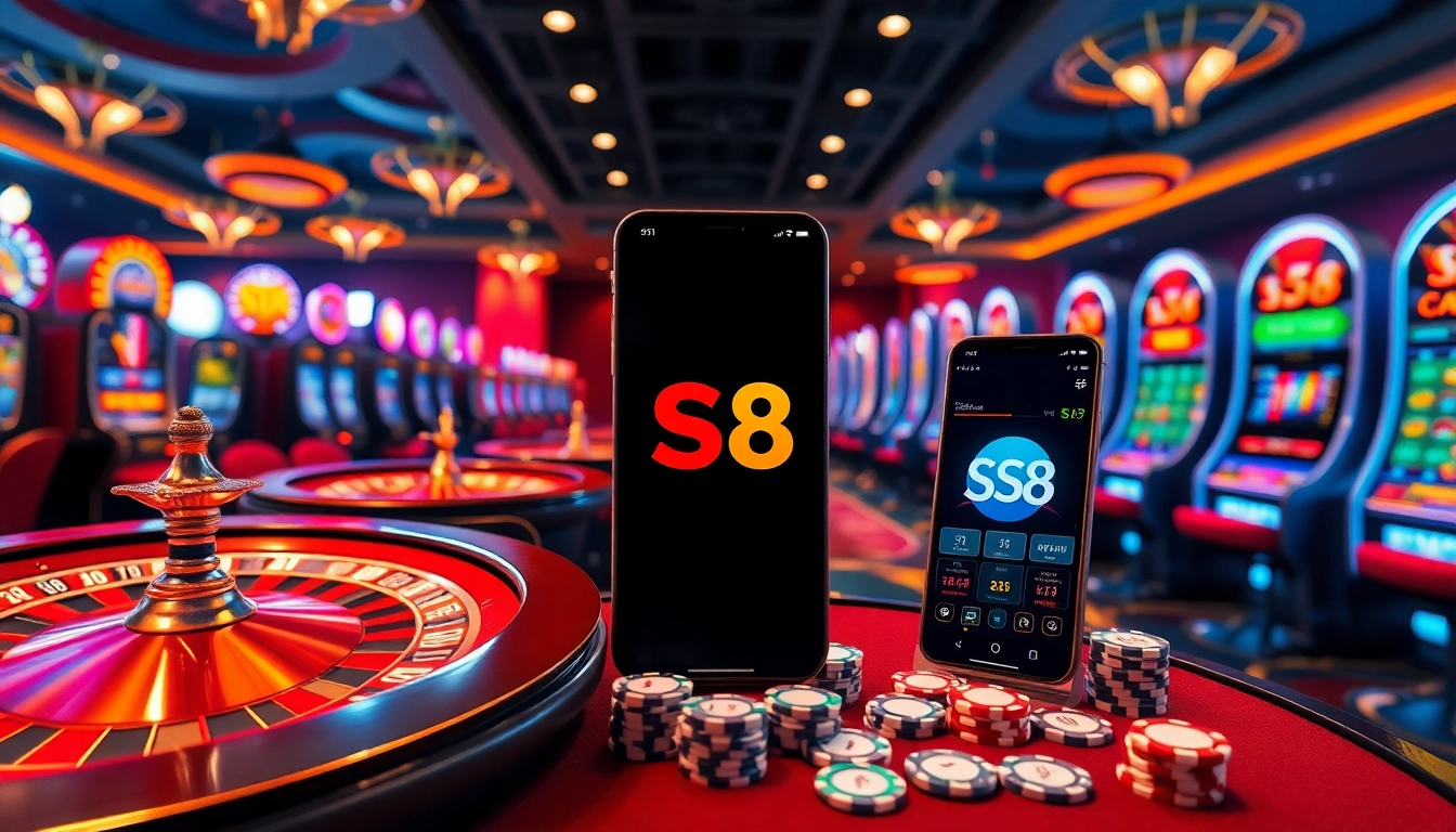 Experience thrilling gaming action at S8 Casino with vibrant tables and digital interfaces.