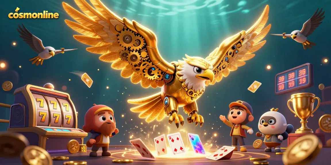 Experience winning at cosmonline with a vibrant 3D casino scene featuring a golden eagle and dynamic slots.
