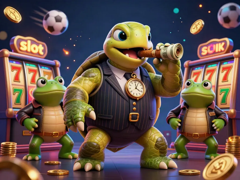 Slot machine scene featuring a mobster turtle, bullfrog enforcers, and dynamic reels.