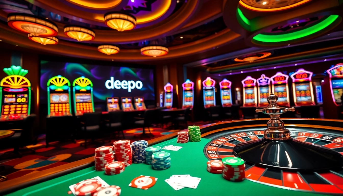 Experience the thrill of depo 5k at a luxury casino with vibrant tables and colorful poker chips.