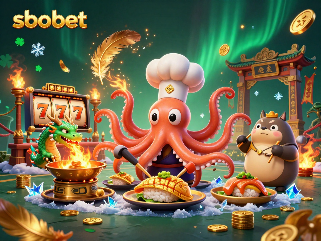 sbobet slots scene with an octopus chef, dragon, and tanuki amidst golden dishes.