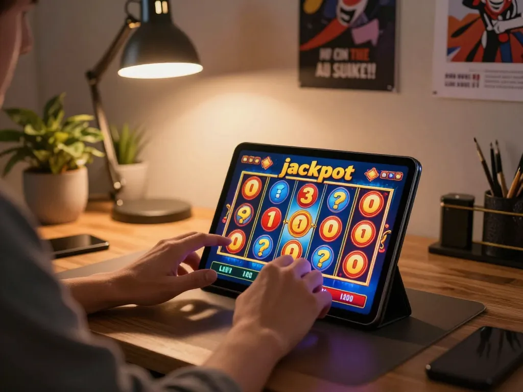 Player enjoying slot gacor siang ini on tablet in stylish home office setup while engaging in vibrant online gaming