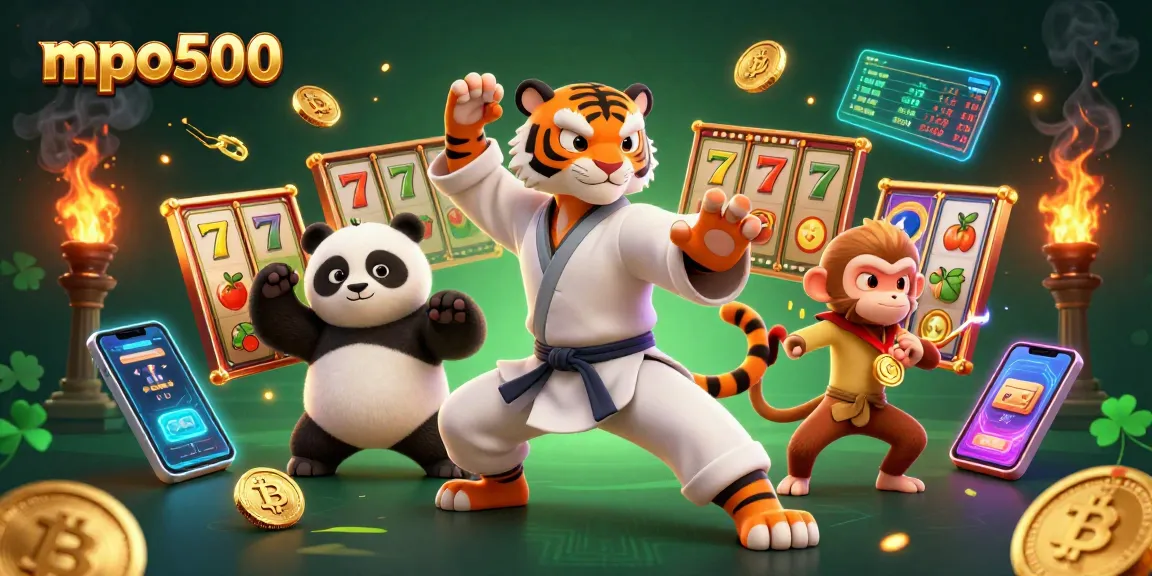 Engage with mpo500 in vibrant 3D casino art, featuring fun characters and exciting slot game elements.