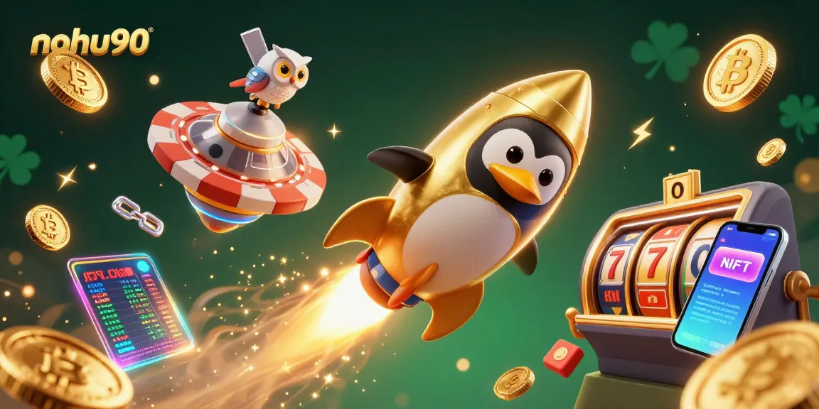 Experience thrilling gaming adventures at nohu90 with a golden penguin, crypto coins, and jackpot elements.