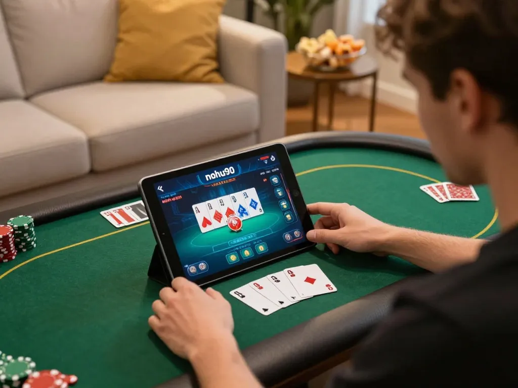 Player engaging in a high-stakes poker game on nohu90, showcasing cards and bets in an inviting home setup.