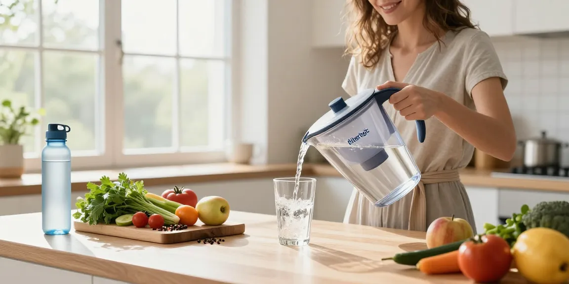 Woman pouring water from a Filterlogic NSF Certified Pitcher Water Filter into a glass, showcasing a healthy kitchen environment.