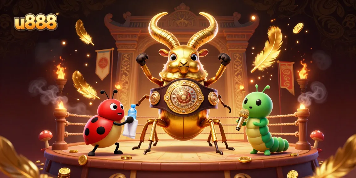 Engage with the thrilling u888 battles as a golden stag beetle faces off while a ladybug and caterpillar cheer.