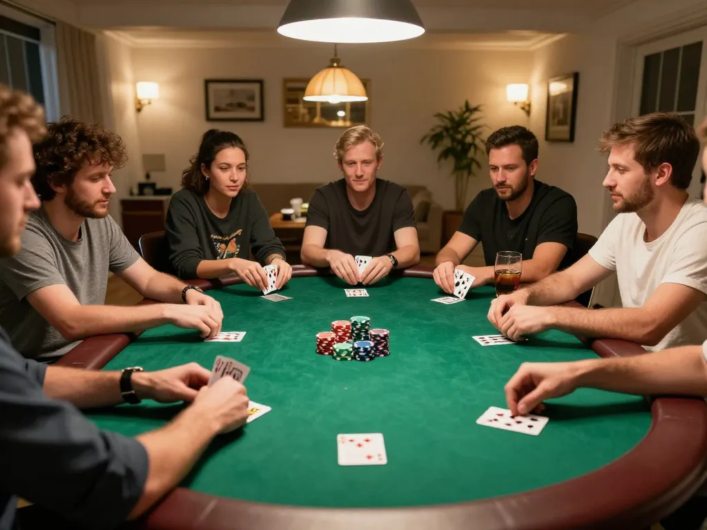 The hidden wiki bets on a thrilling home poker night, showcasing players strategizing over cards and chips in a cozy atmosphere