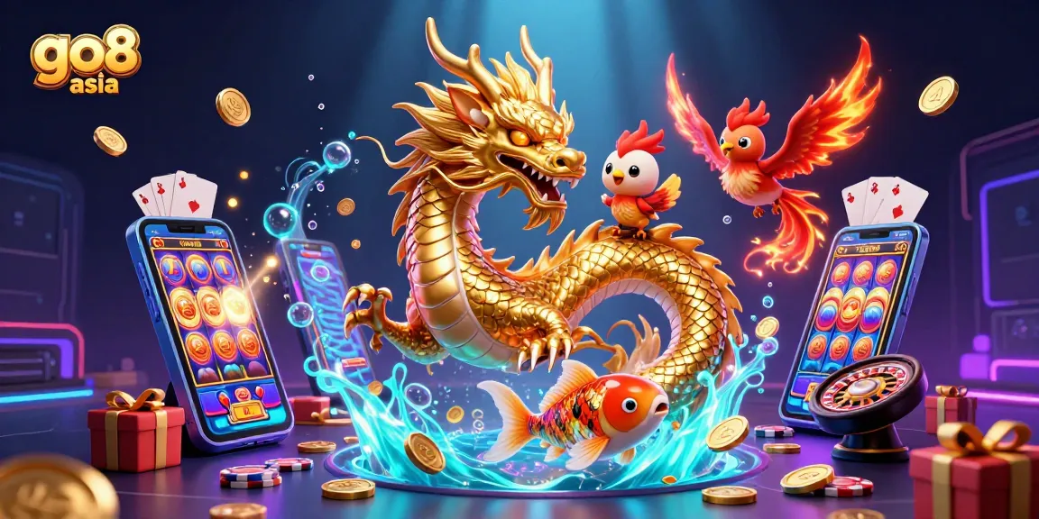 Win big with go8 asia in a vibrant 3D casino scene featuring a golden dragon.