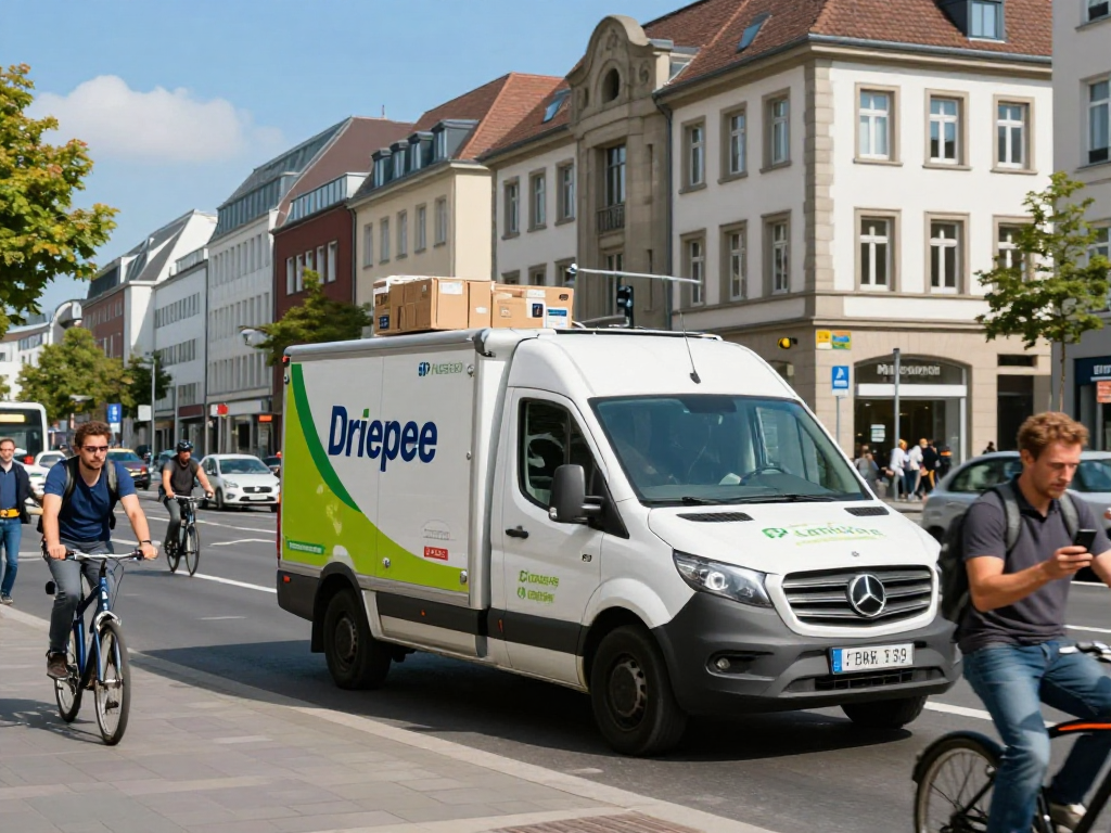 Schnelltransport von Dortmund - Lieferfahrer lädt temperaturkontrollierte Ware in ein Fahrzeug, umgeben von urbaner Hektik.