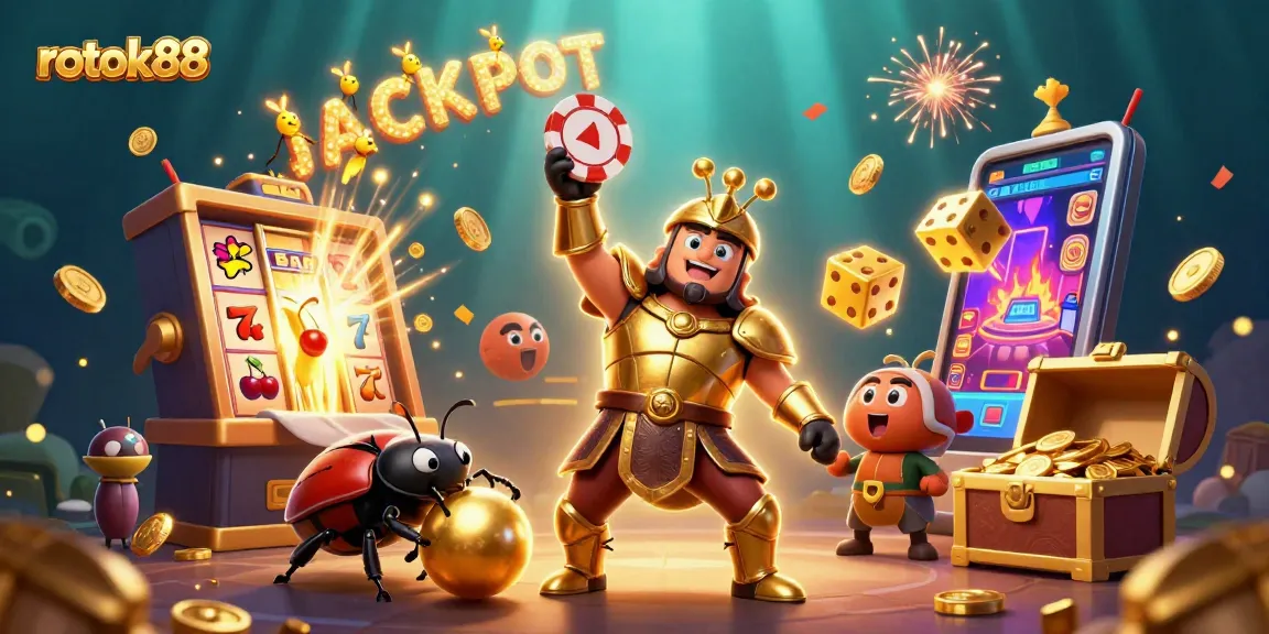Experience victory with rokok88 as a hercules beetle triumphs in a colorful casino scene