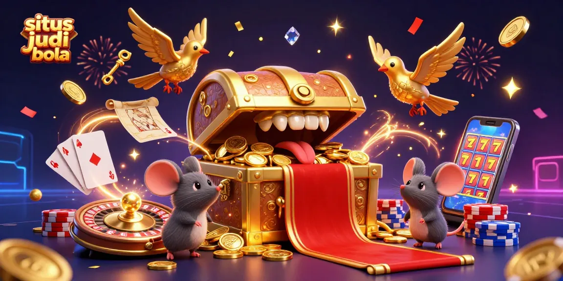 Situs judi bola illustration showcasing an adventurous scene with a treasure chest, golden coins, and vibrant casino elements.