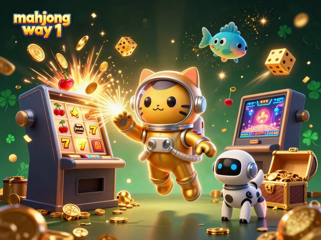 Spin and win with mahjong way 1 in a vivid casino scene featuring cat astronaut and robot dog!