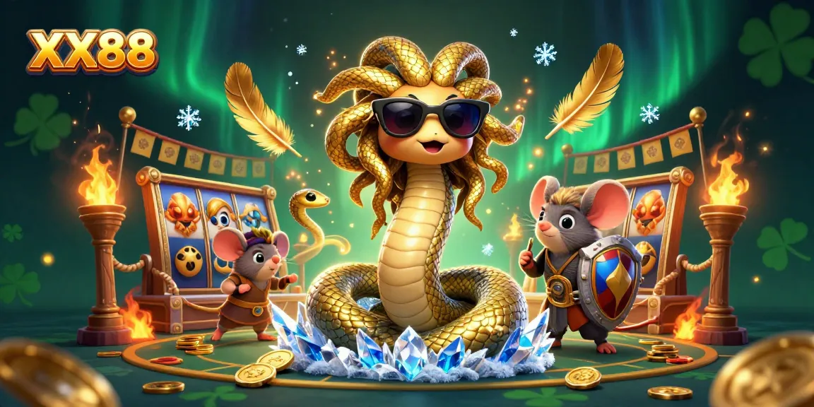 Play exhilarating games at XX88 with a friendly Medusa and a warrior mouse in a lively casino scene.