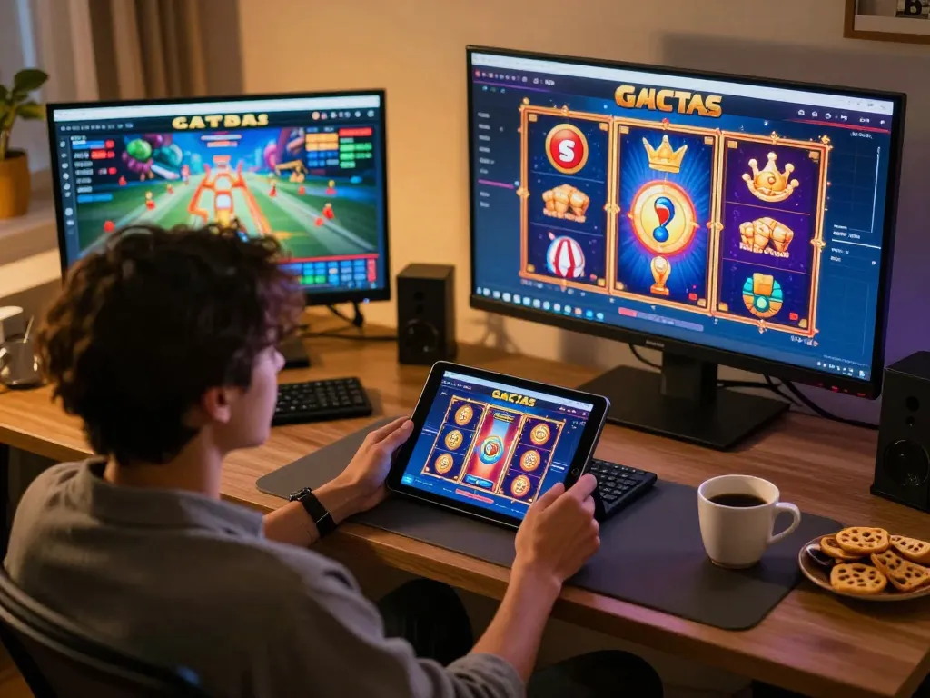 Engaged player immersed in slot gacor min depo 10k gameplay on a tablet at cozy home setup, showcasing responsible gaming.
