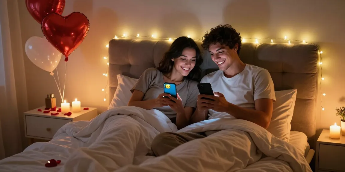 Couple engaged in sexting ai exchange in cozy bedroom with romantic decor.
