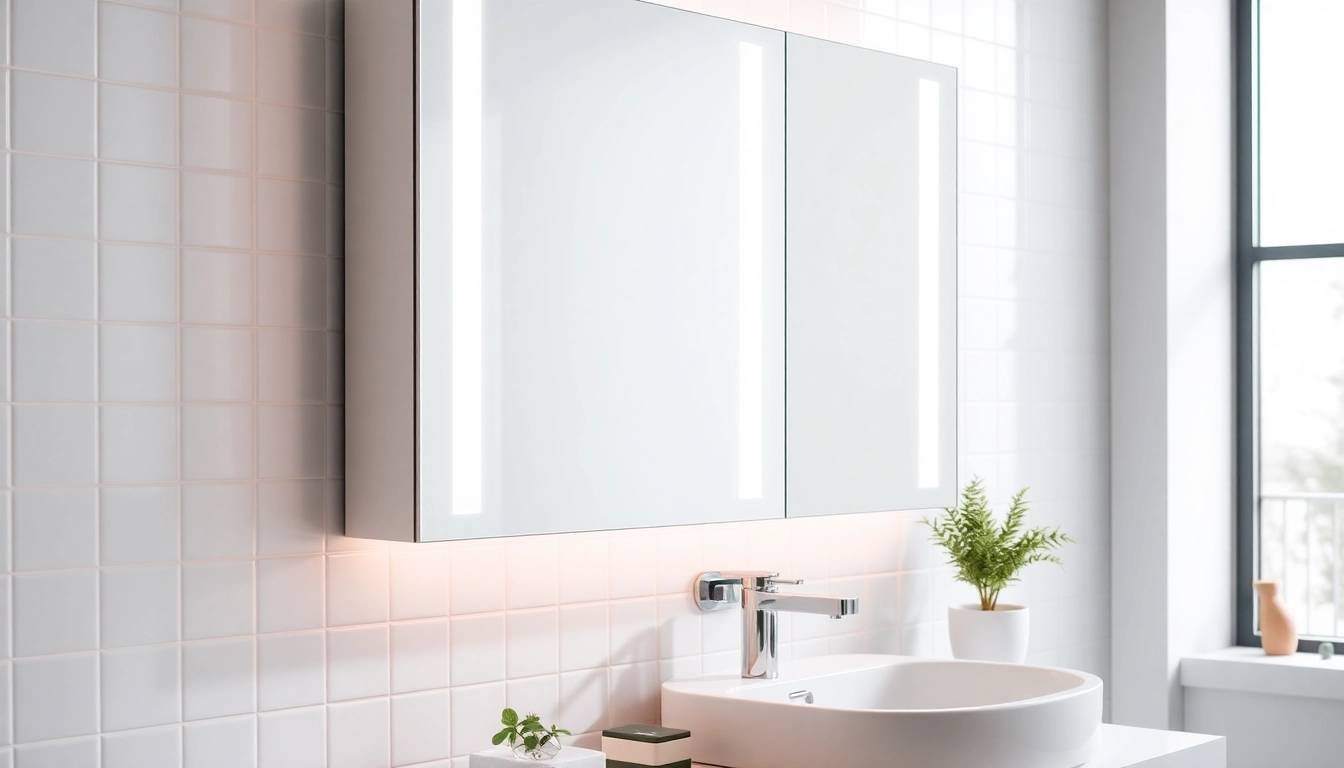 Präsentation eines sonni Spiegelschrank mit LED-Beleuchtung im modernen Badezimmer.