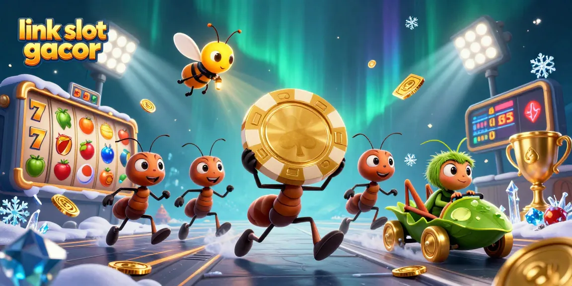 Enjoy exciting action with link slot gacor as ants steal a golden poker chip in a lively casino scene.