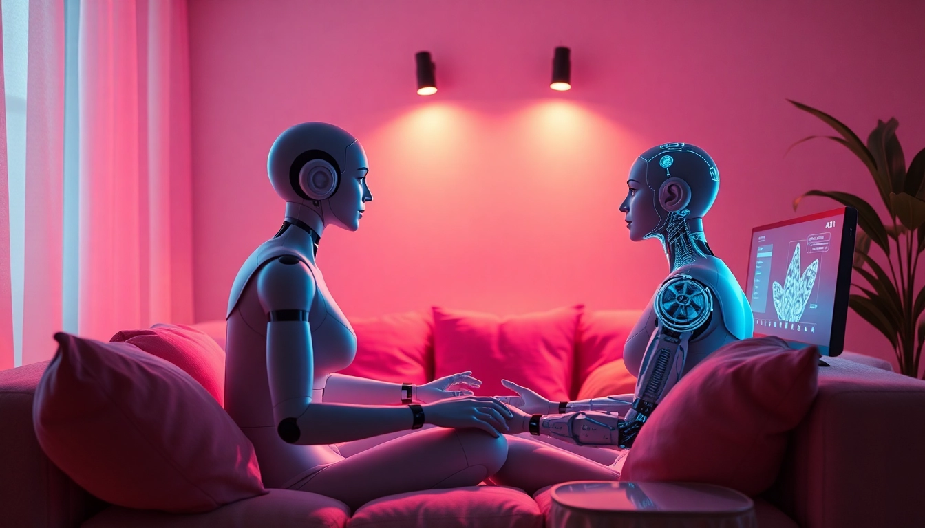An engaging AI sex chat scene showcasing a humanoid character interacting with a user in a cozy setting, emphasizing intimacy and technology.