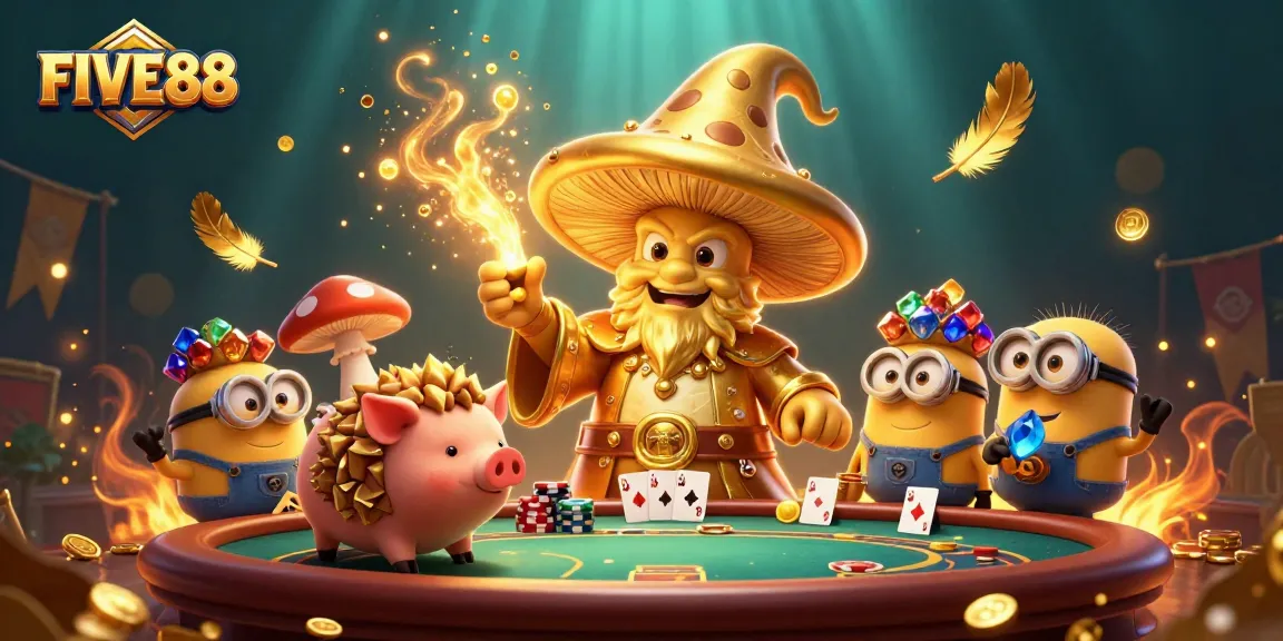 Experience thrilling poker action with FIVE88's vibrant casino scene featuring magical elements and dynamic characters.