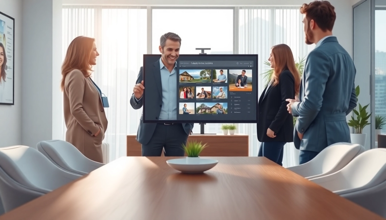 Engaging real estate agent showcasing properties in a modern office setting