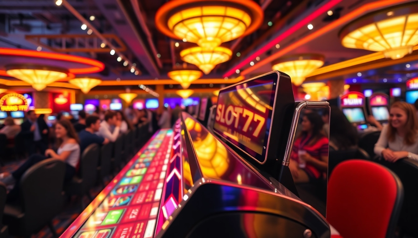 Menampilkan Slot77 di mesin permainan slot yang penuh warna di kasino, memikat pemain.