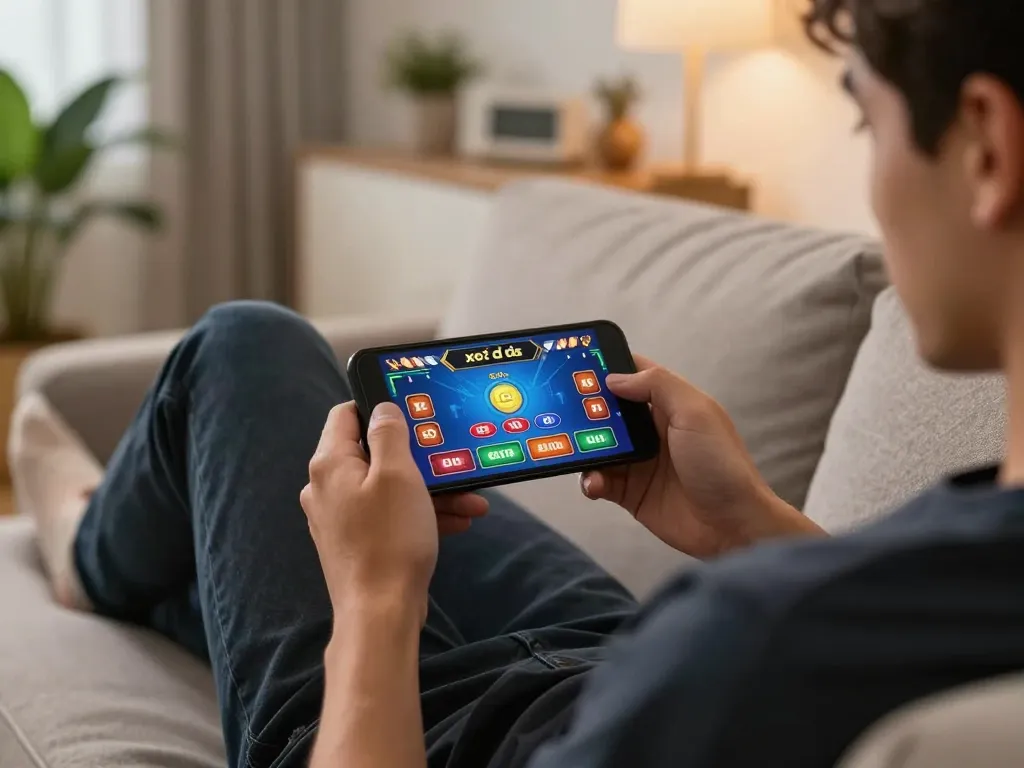 Xóc đĩa online player experiencing vibrant gameplay on a smartphone, cozy living room setting.