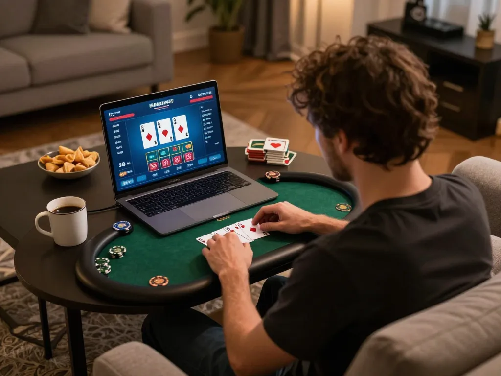 Players engage in online poker at home with 888top on the screen, showcasing strategy in action.