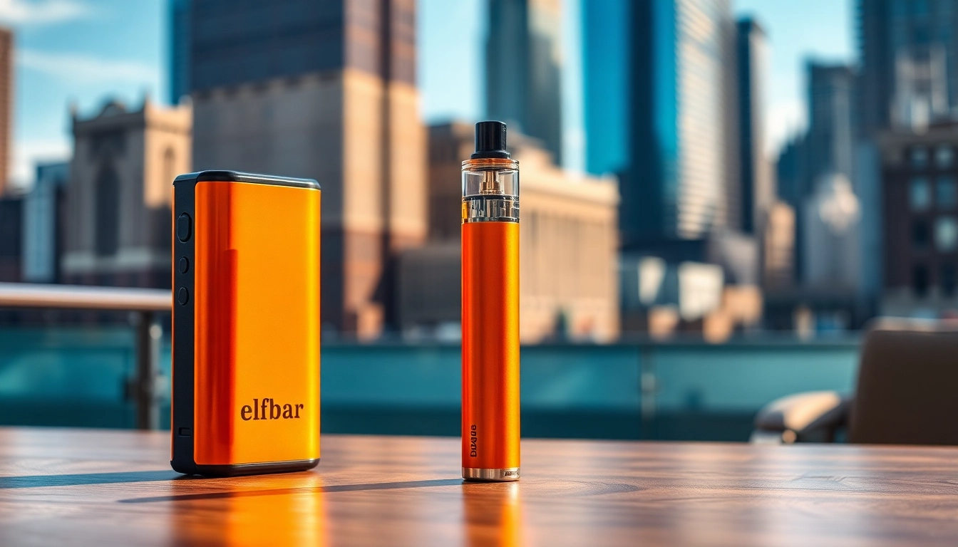 Elfbar zeigt stilvolles Vaping-Gerät auf einem eleganten Tisch in einem urbanen Umfeld.
