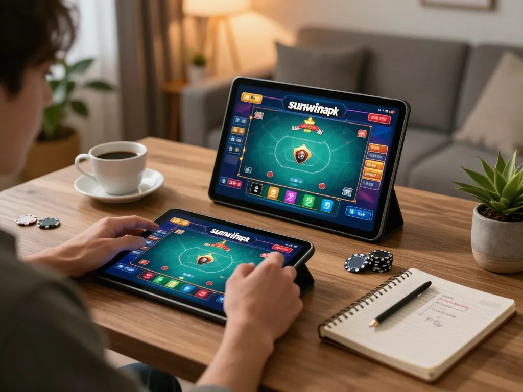 Engaging gameplay of sunwinapk on tablet with cozy home atmosphere.