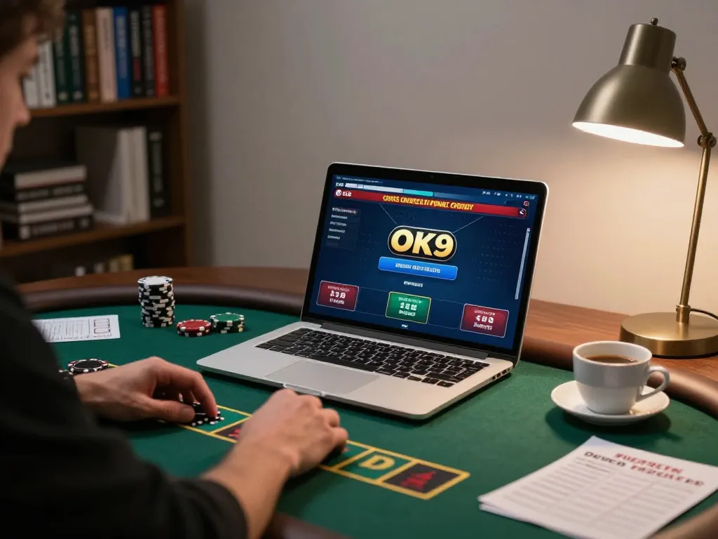 Engaging in an exciting poker game on OK9's online platform with a cozy atmosphere.