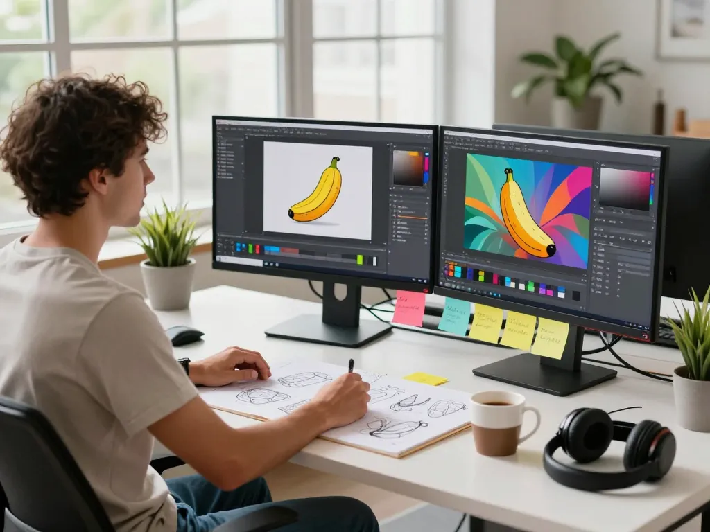 Designer using nano banana pro AI image editor in a vibrant digital art studio