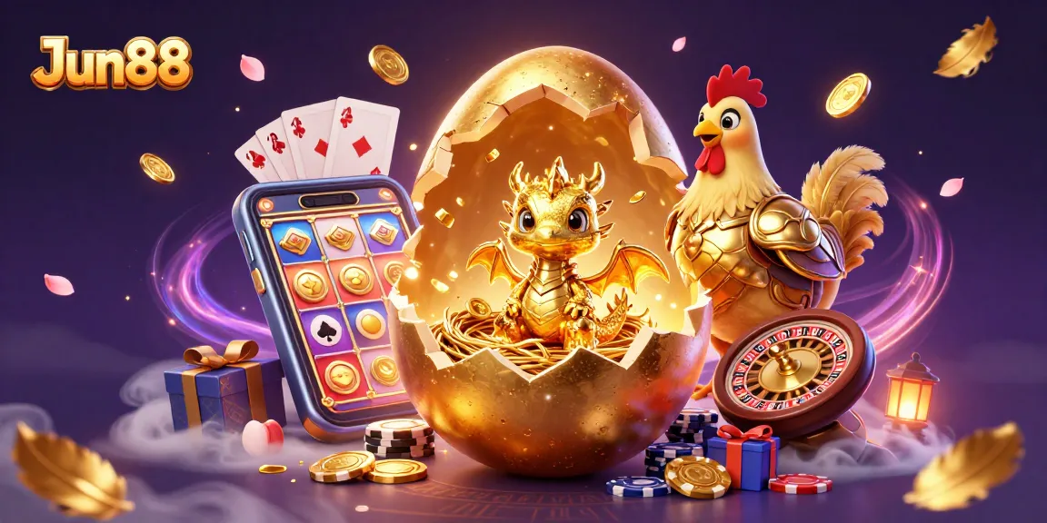 Engage in thrilling games at Jun88 with a golden dragon guarding poker chips and vibrant slot games!