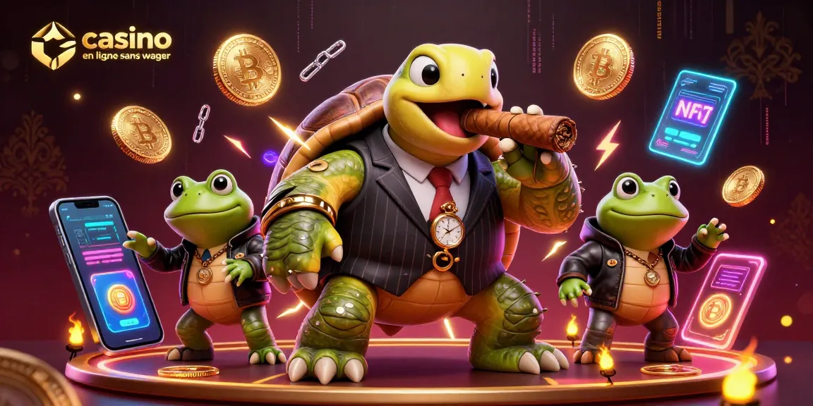 Casino en ligne sans wager : illustration dynamique d'une tortue de bande dessinée massive, symbole de chance et d'opulence.