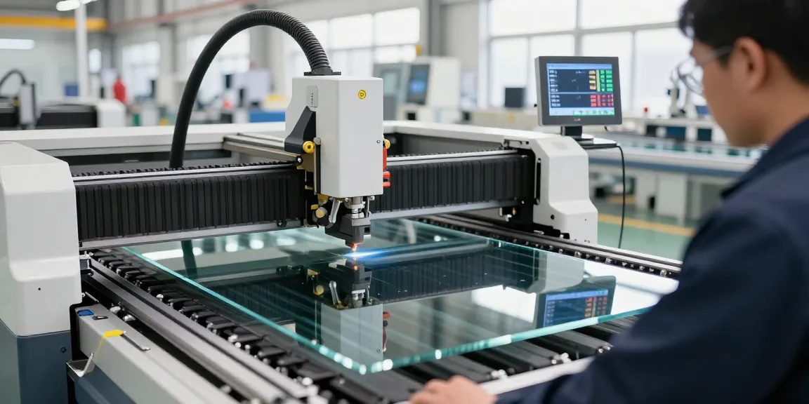 Operator monitoring a cutting machine glass in a modern manufacturing facility, showcasing precision and safety.