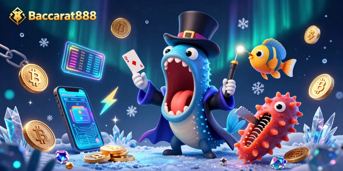 Experience Baccarat888 magic with vibrant underwater characters performing engaging card tricks.