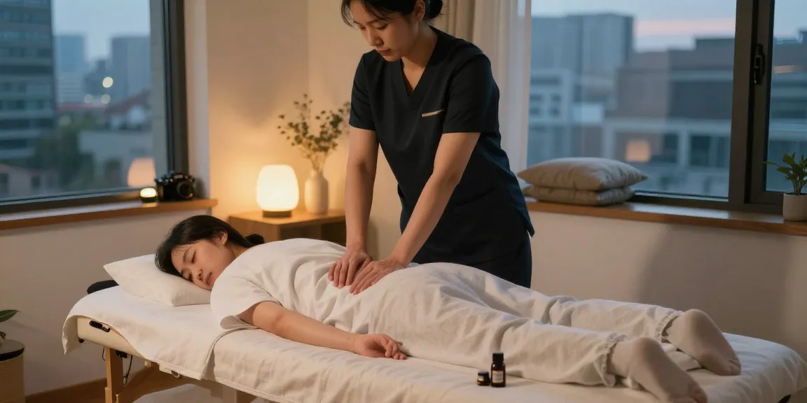 Relaxing 서울출장마사지 scene with a professional therapist in a cozy apartment setting