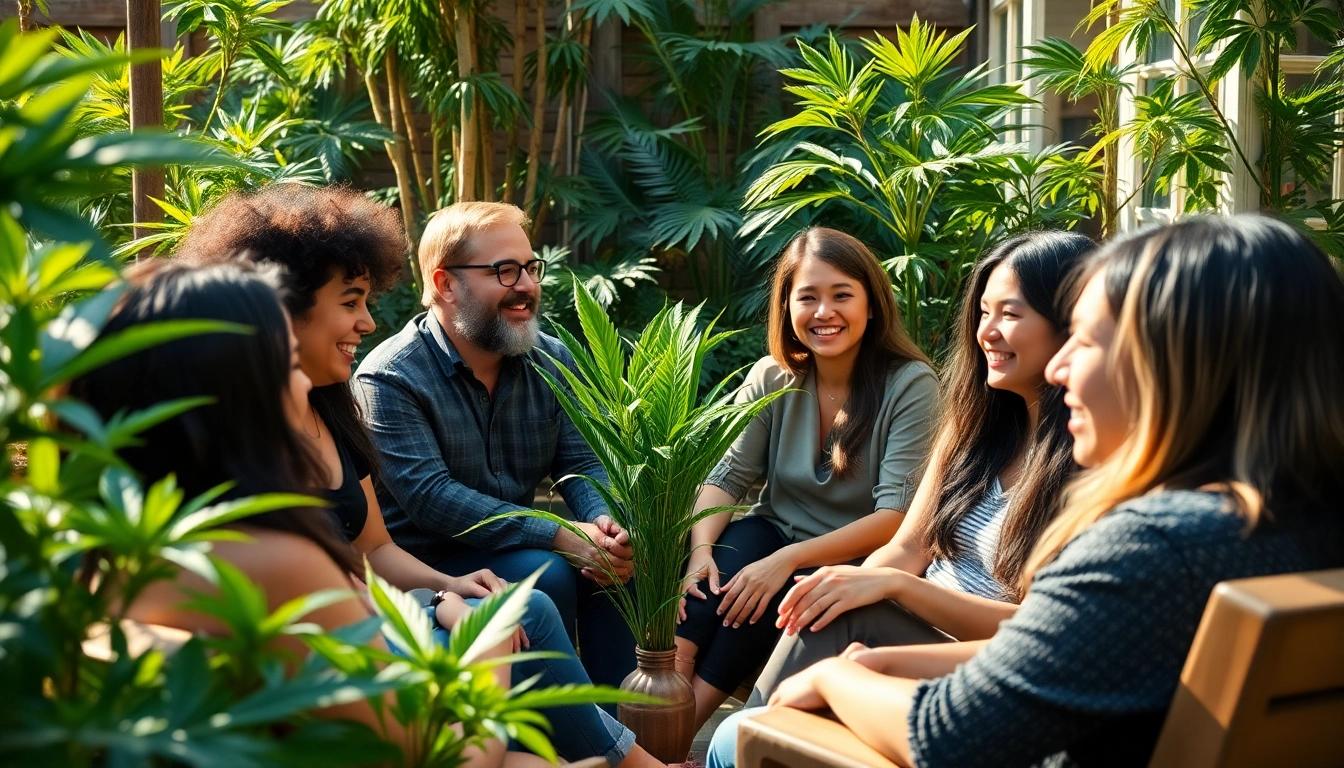 Members engage joyfully at Costa Brava Cannabis Club, surrounded by lush greenery in a relaxed atmosphere.
